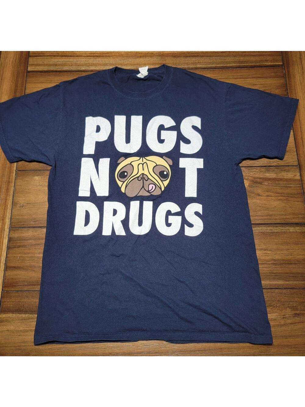 Pugs Unisex Dk Blue Tee "Pugs Not Drugs" - Size Medium